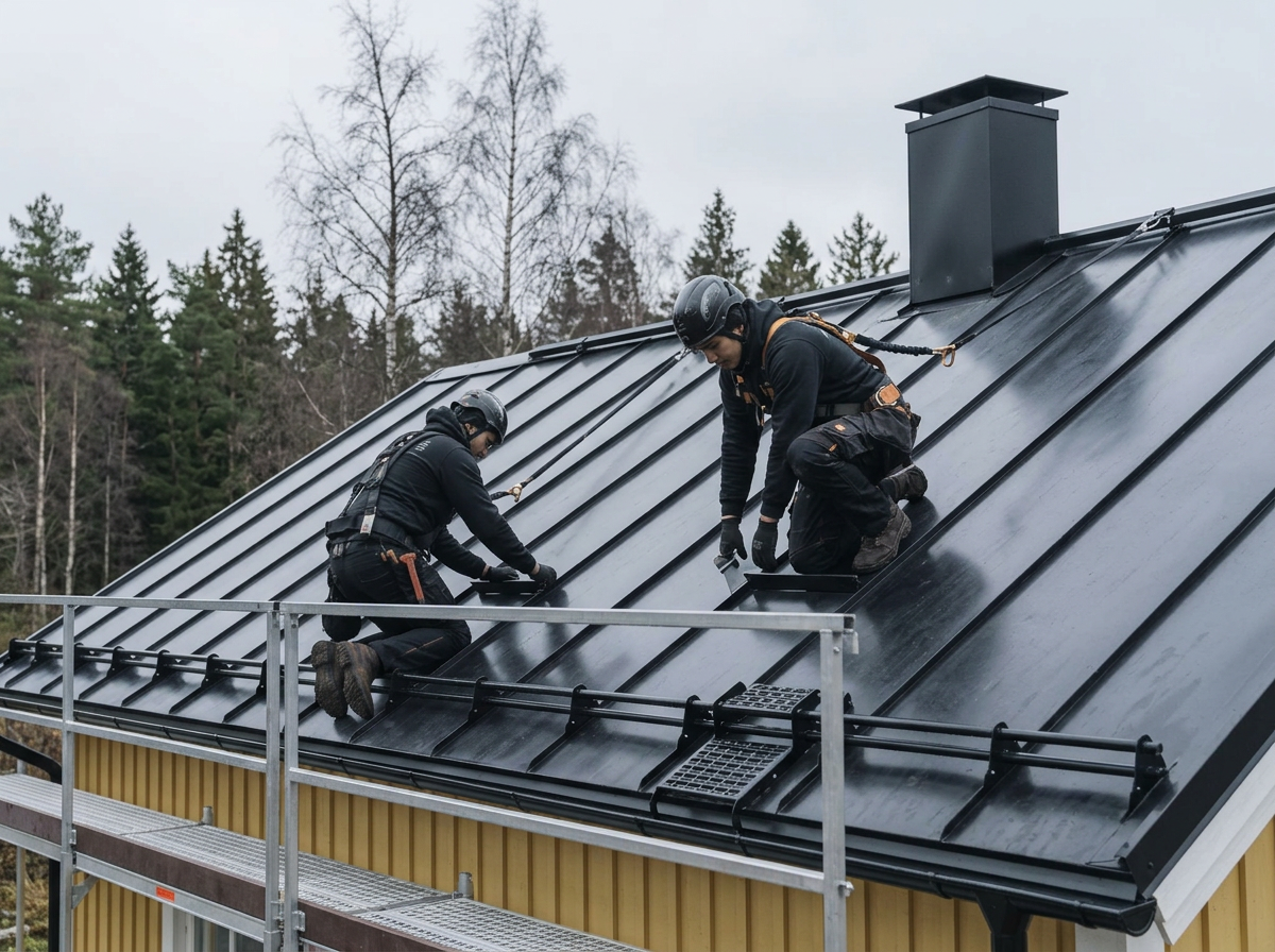 Takläggare monterar nytt plåttak på villa